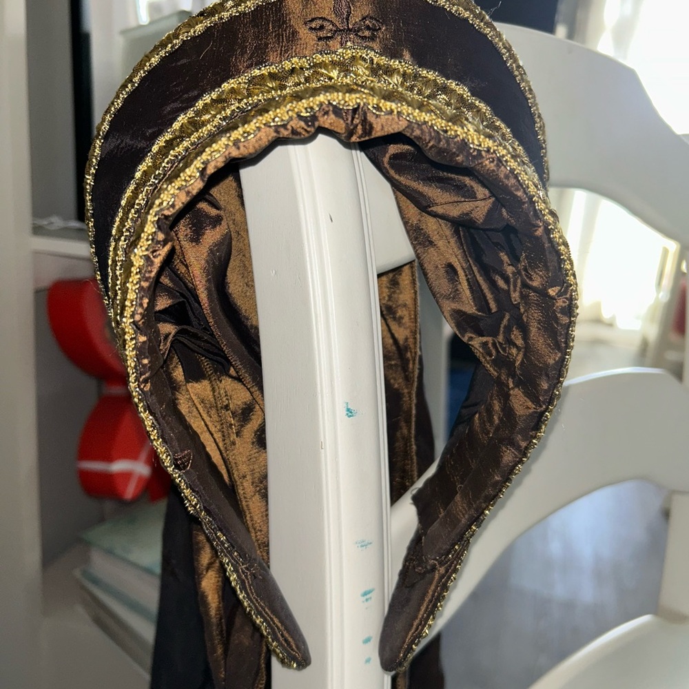 Brown Satin Tudor French Hood with Gold Trim